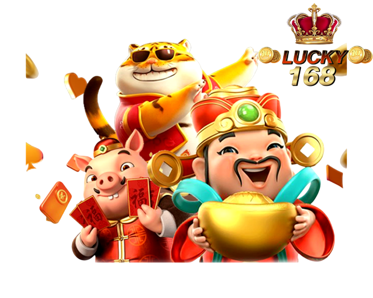 ตัวการ์ตูนเทพเจ้าแห่งโชคลาภและเด็กถือทองคำ พร้อมโลโก้ LUCKY168 โทนภาพสีทองสดใสสไตล์สล็อตจีน